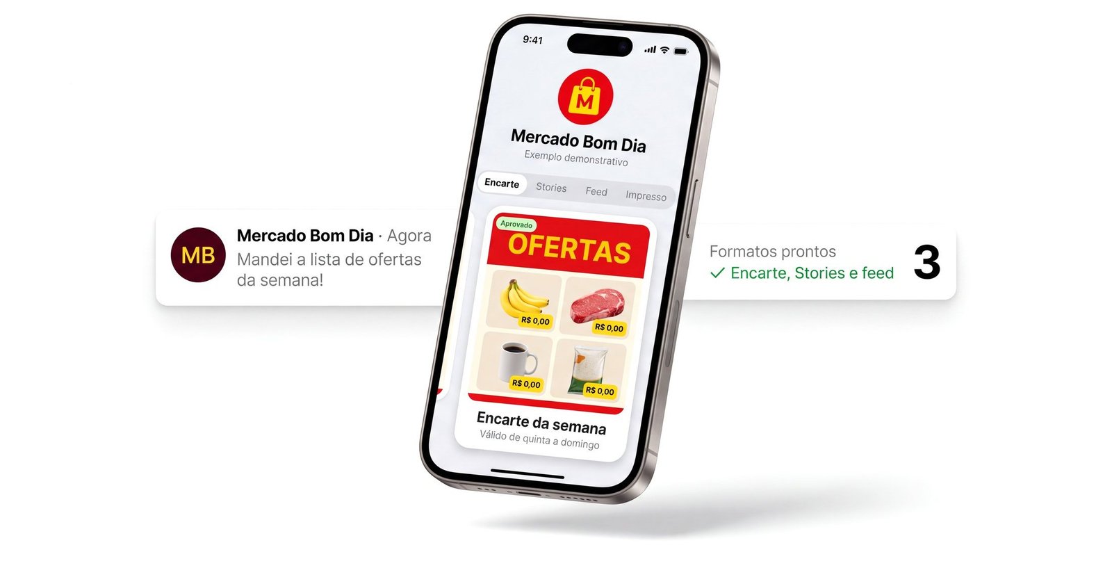 Celular mostrando o encarte da semana aprovado, com a mensagem do cliente e os formatos prontos